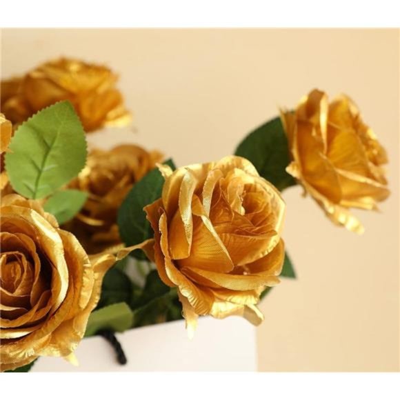12 PCS Artificial Flowers Gold Roses Fake Silk Flower Long Stem Artificial Roses - Picture 2 of 6